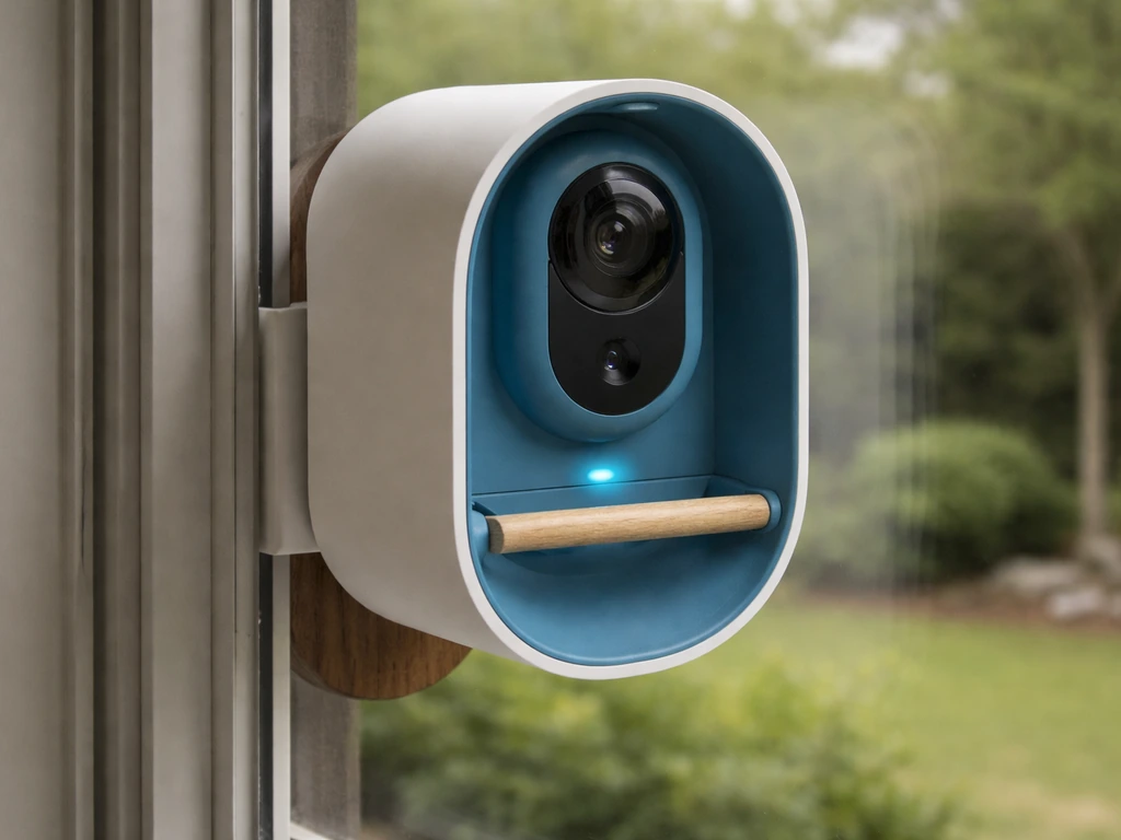 Close-up of a Bird Buddy device showing an LED charging/battery status near a window.