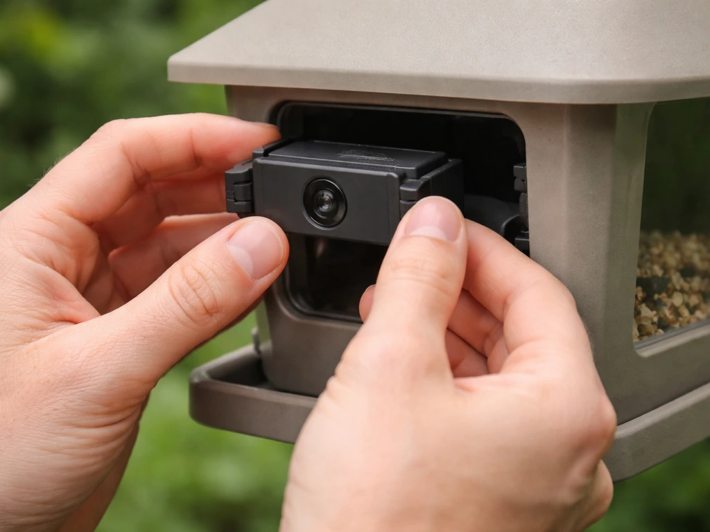 Close-up of hands removing and firmly clicking a removable camera module back into a bird feeder housing