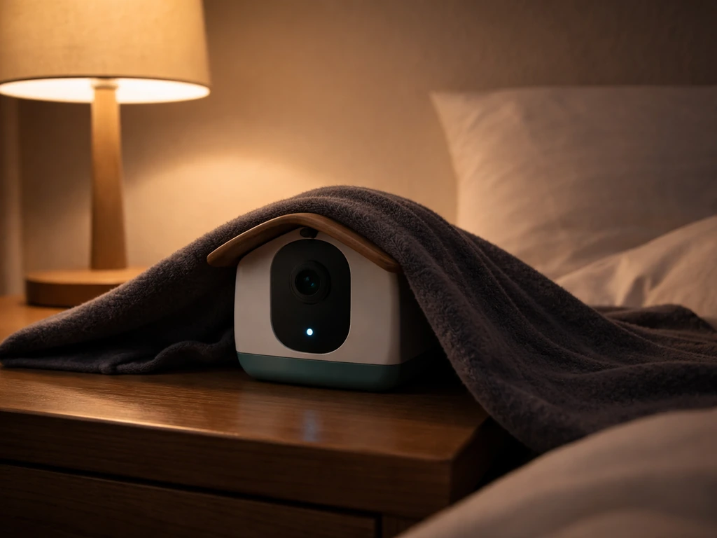 Bird Buddy-like camera device resting on a nightstand beside a dim lamp, suggesting Deep Sleep Mode overnight.
