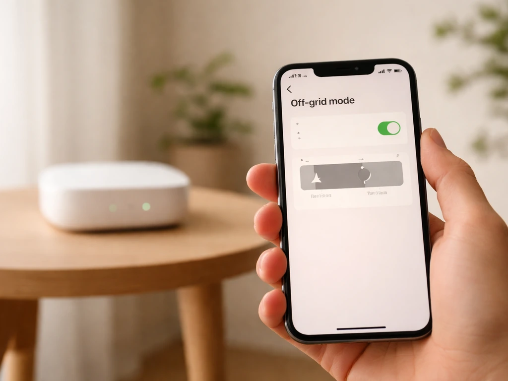 Smartphone showing off-grid mode time-window controls beside a router in a quiet home corner.