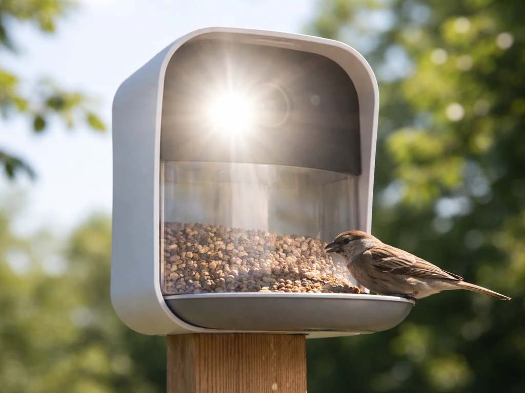 Bird feeder camera in harsh direct sun with lens glare obscuring the view