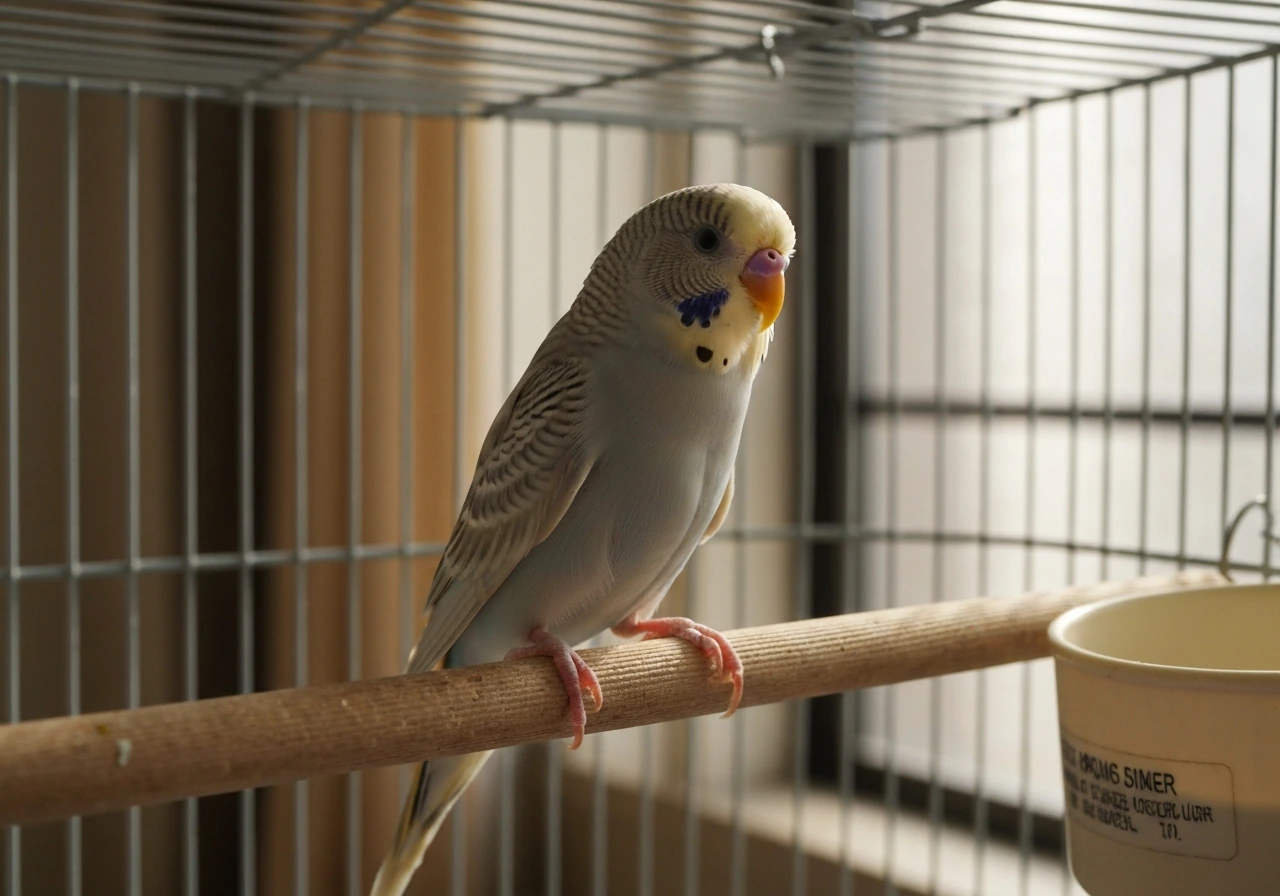 Small colorful pet bird perched calmly in its cage, smooth feathers and alert relaxed posture.