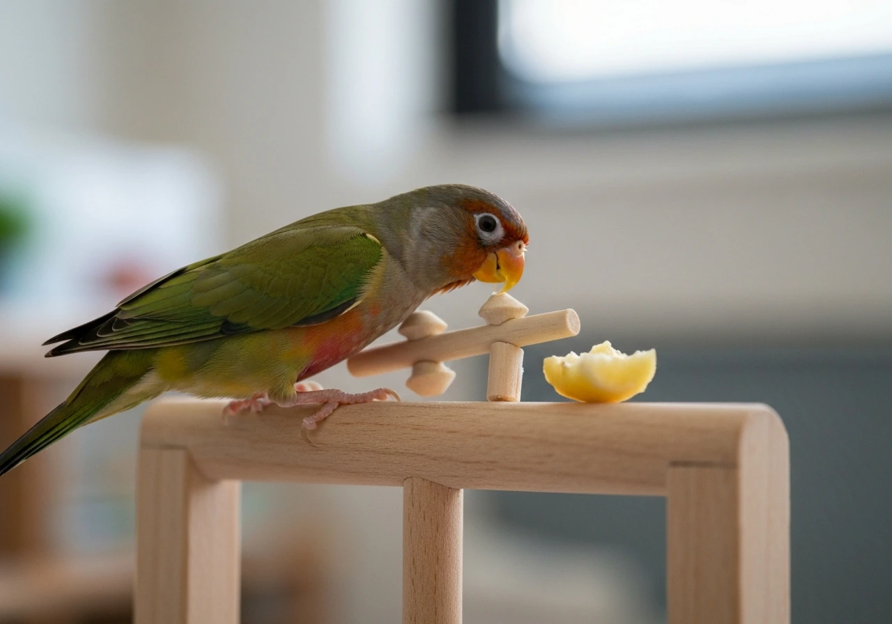 Curious pet bird on a perch actively pecking a toy and fruit in soft indoor natural light.