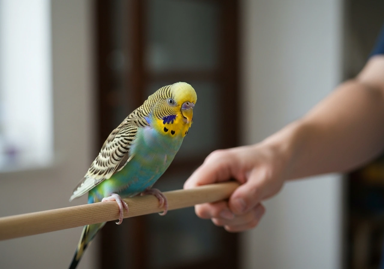 Budgie perched close to a person’s hand, alert and engaged with an open posture in natural light.