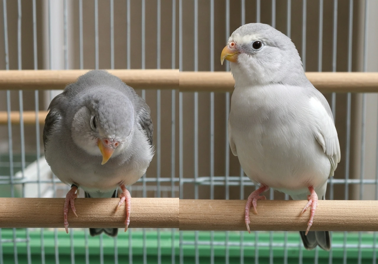 Two pet birds on adjacent perches showing calm vs stressed cues with ruffled feathers and lowered posture
