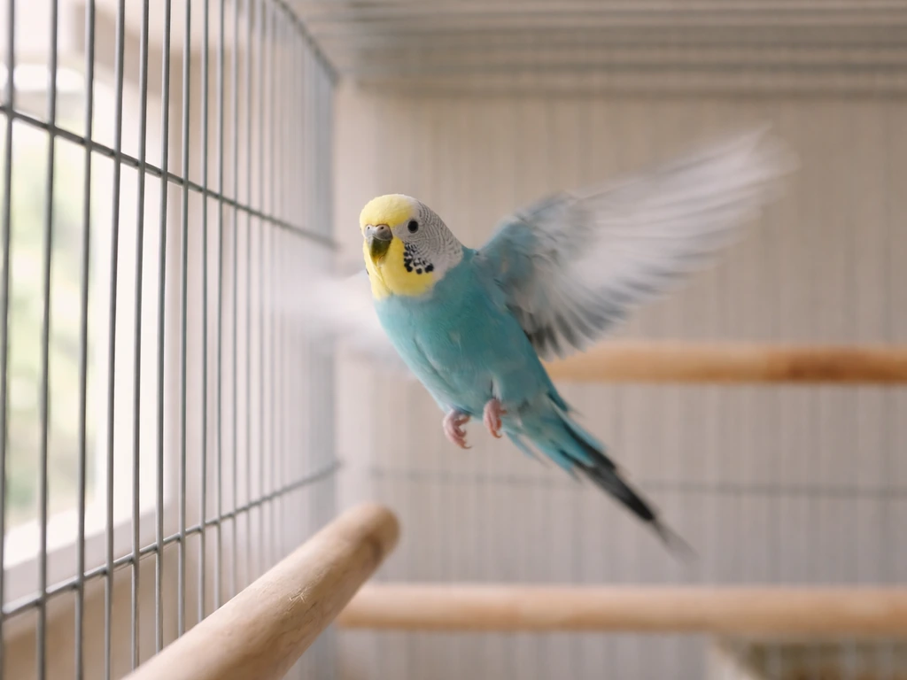 A small pet bird hovers inside a cage with motion blur, suggesting frantic circling flight.