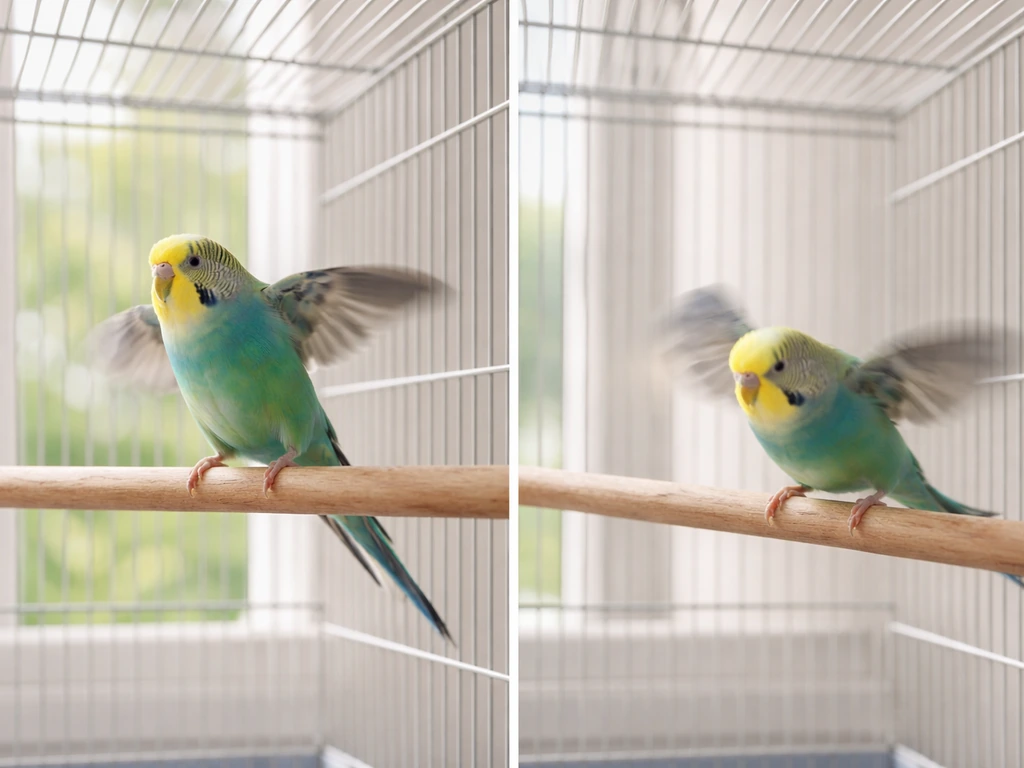 Split image: left shows calm bird activity; right shows frantic pacing inside a simple cage.