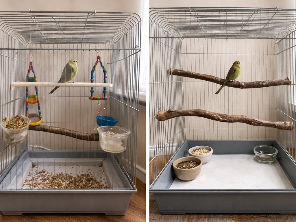 Before/after split view of a cramped bird cage versus an improved setup with better perches and space.