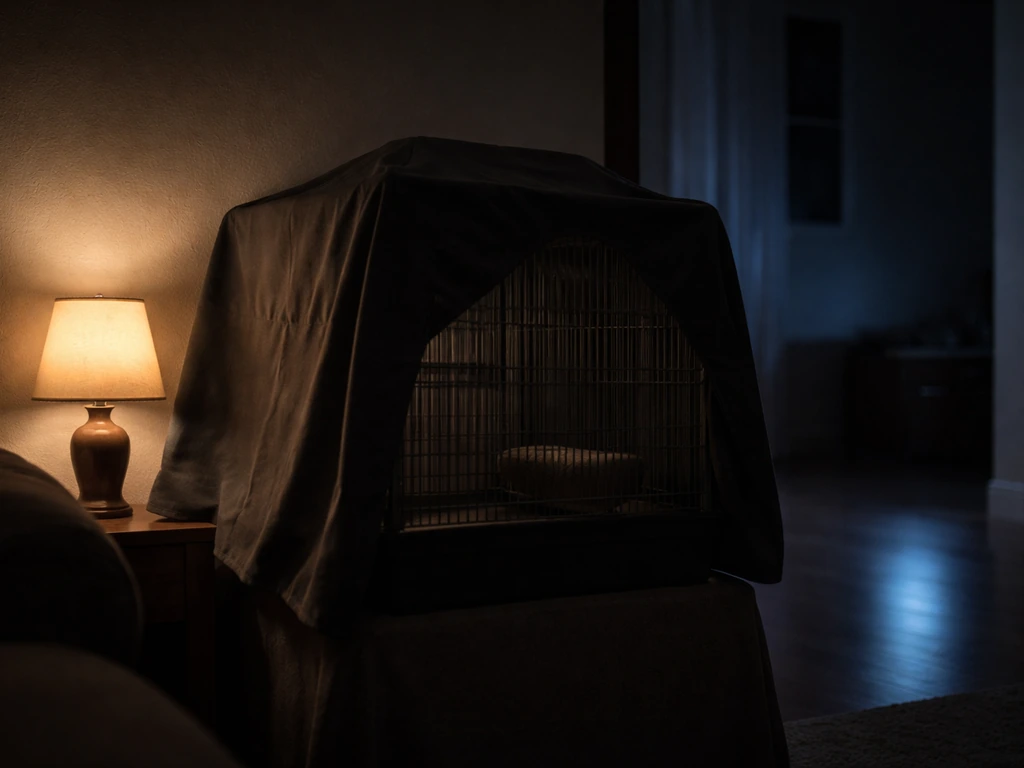 Birdcage at night with a dark cover and controlled warm light, showing proper sleep vs disruptive glare