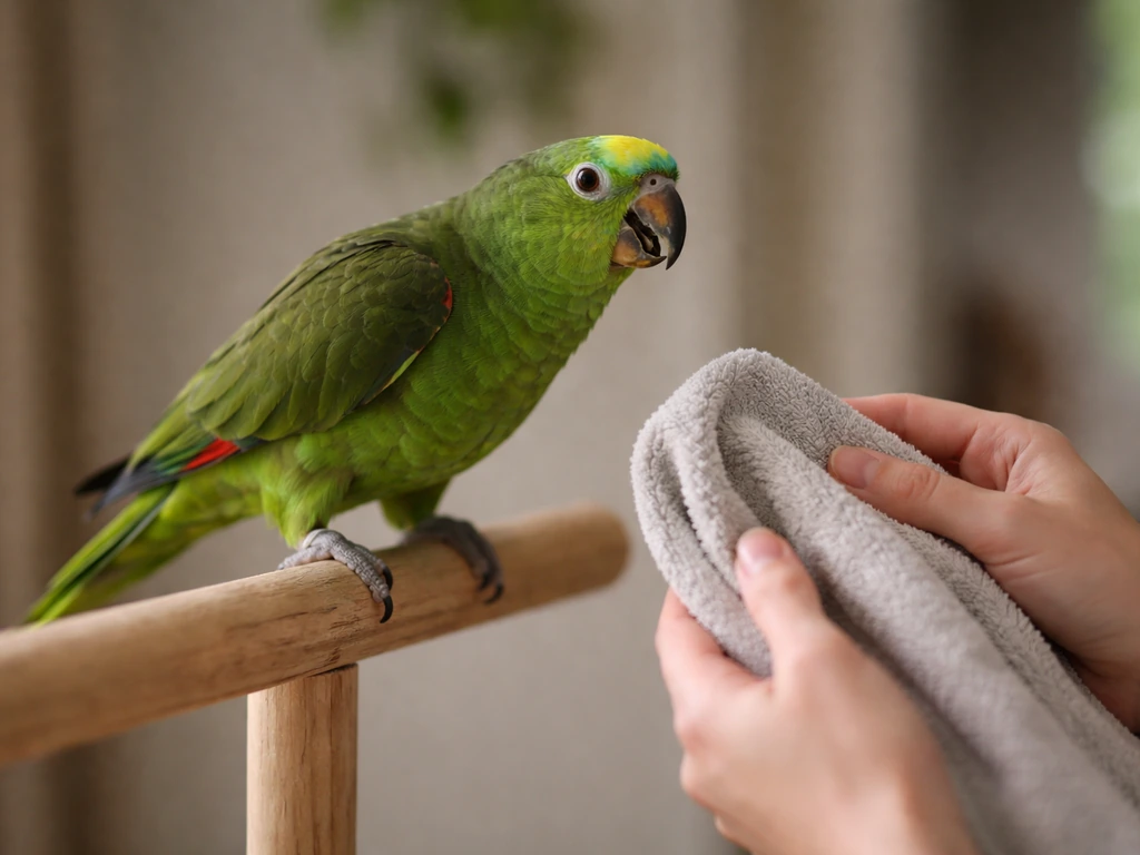 Caregiver gently monitoring a parrot perched indoors, showing signs consistent with respiratory distress.