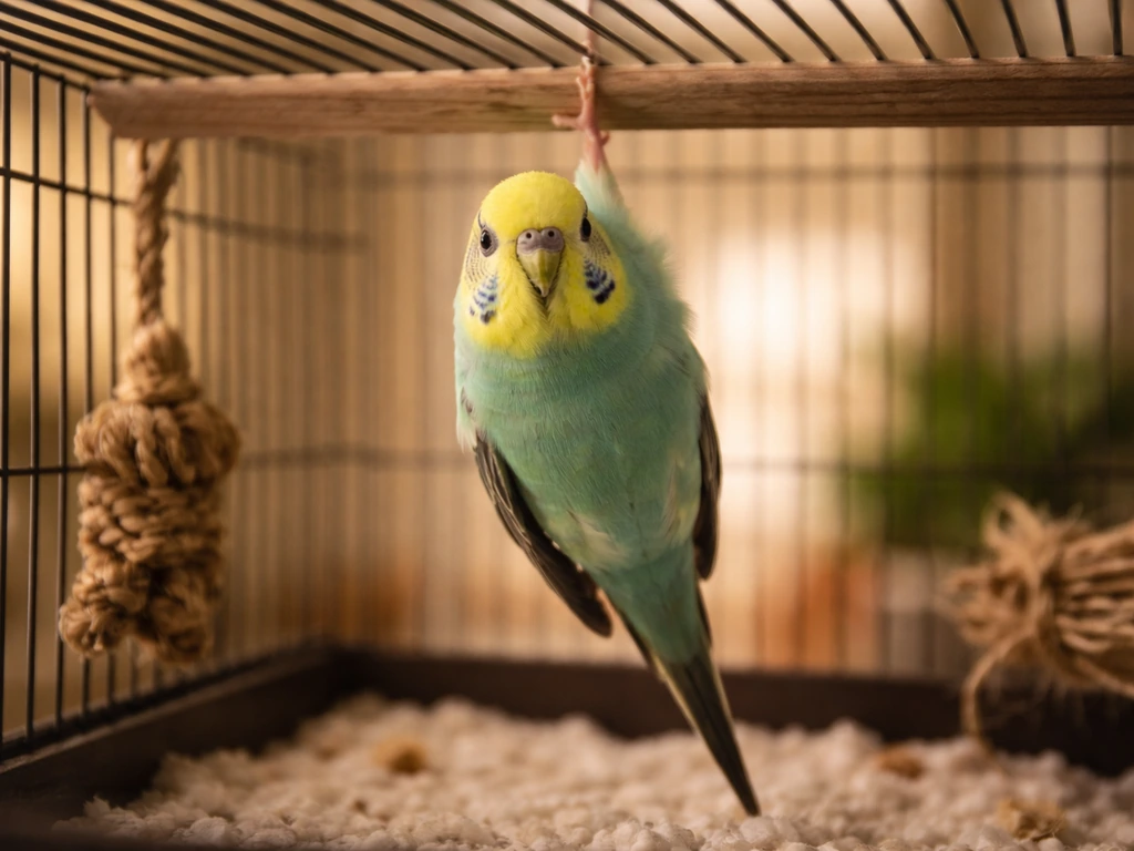 Small pet bird hanging upside down inside its cage, alert and visible against simple indoor background.