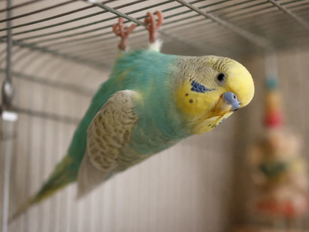 A budgie hangs upside down from cage bars, curious and stretching in natural light.