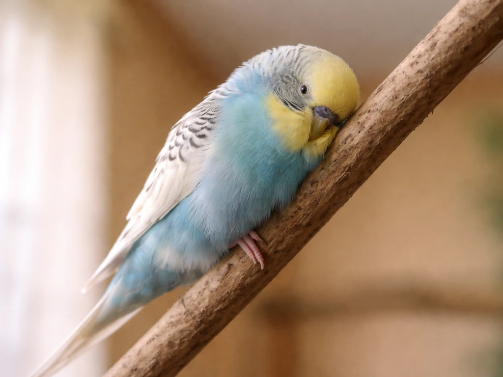 Budgie gripping an angled wooden perch while resting in a relaxed semi-inverted sleeping posture.