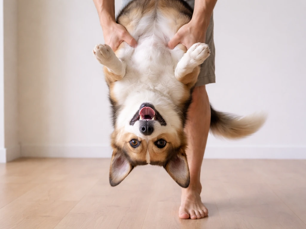Dog gently supported upside down, mouth open panting, tail motion indicating respiratory warning signs.