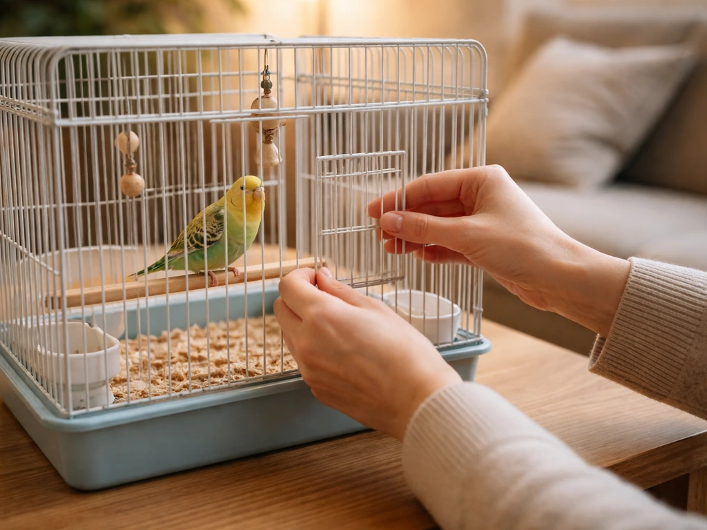 Cozy home scene: hands gently checking a small pet bird in its cage, calm and non-stressful posture.