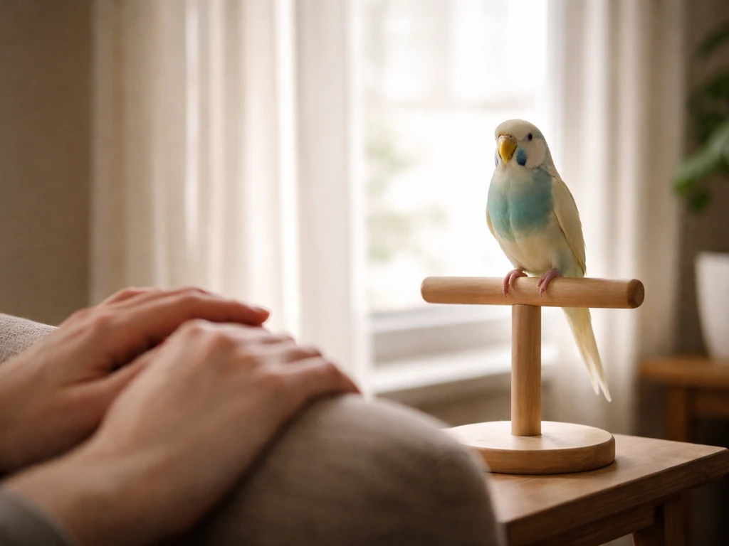 Small pet bird perched near a window while an owner calmly watches from a short distance