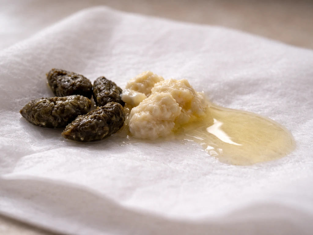 Close-up of three-part droppings: dark formed feces, white urates, and clear urine on clean tissue.