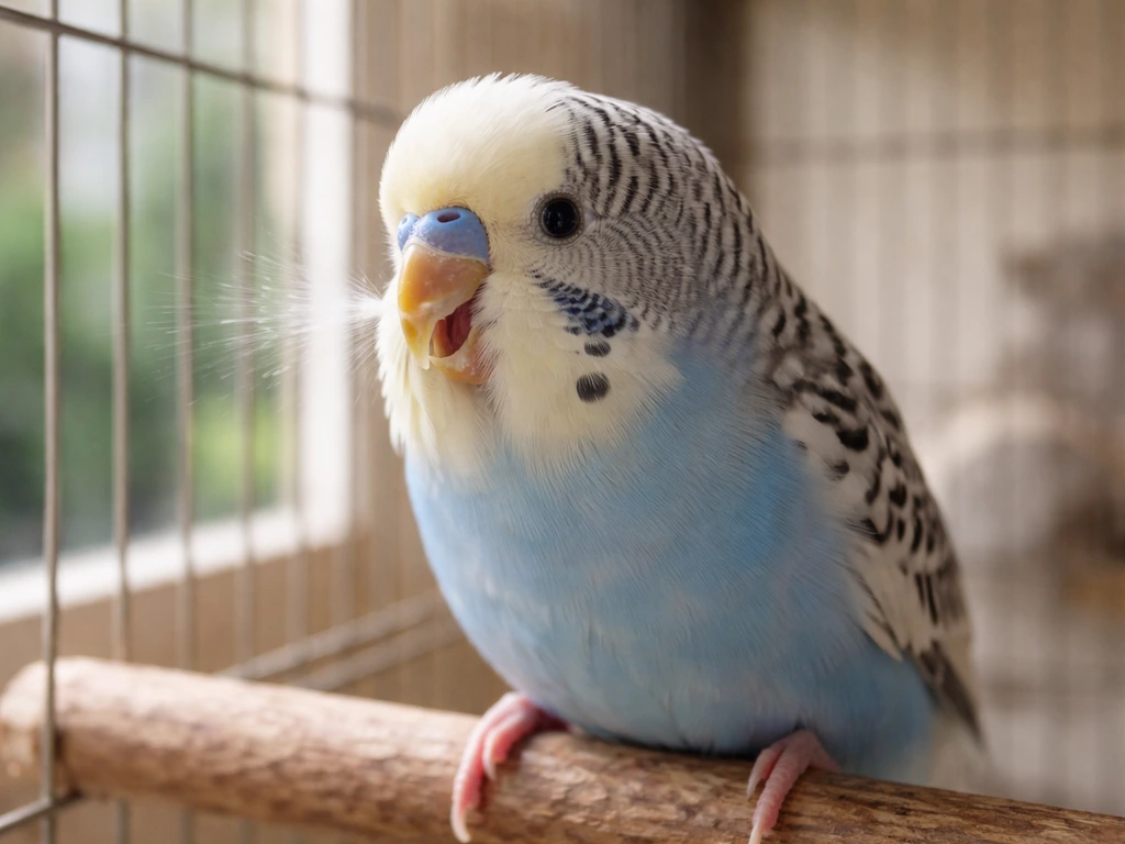 Close-up of a small pet bird mid-sneeze inside a quiet home cage, soft natural light background.