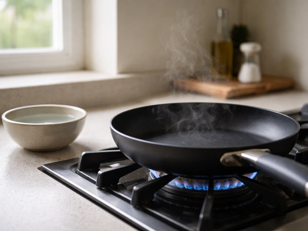 Nonstick frying pan over a stove with faint steam in a simple kitchen, suggesting overheating fumes risk