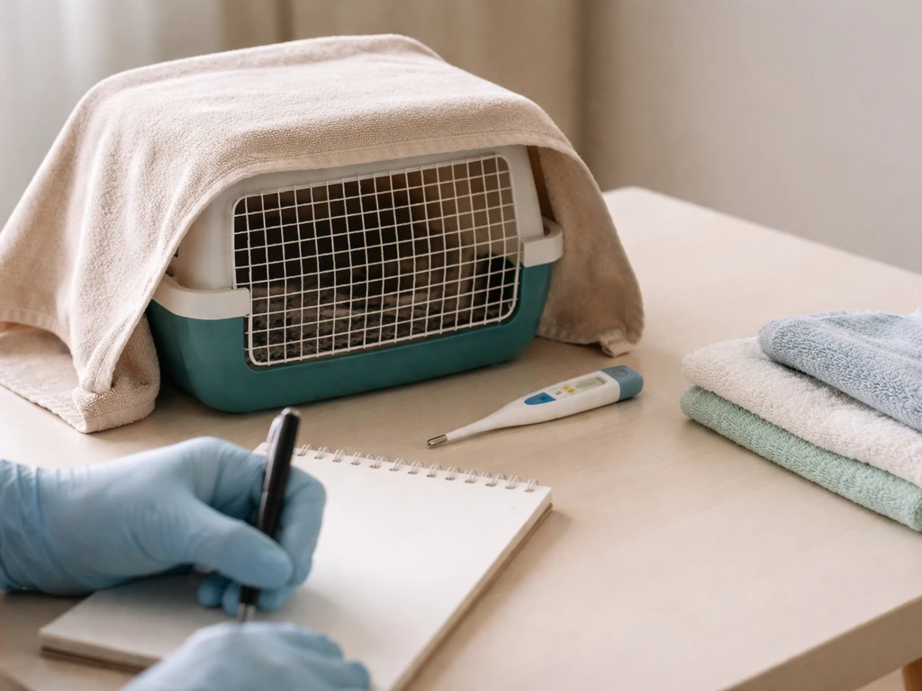 Gloved hands note symptoms next to an avian carry cage, blank notepad, and thermometer.
