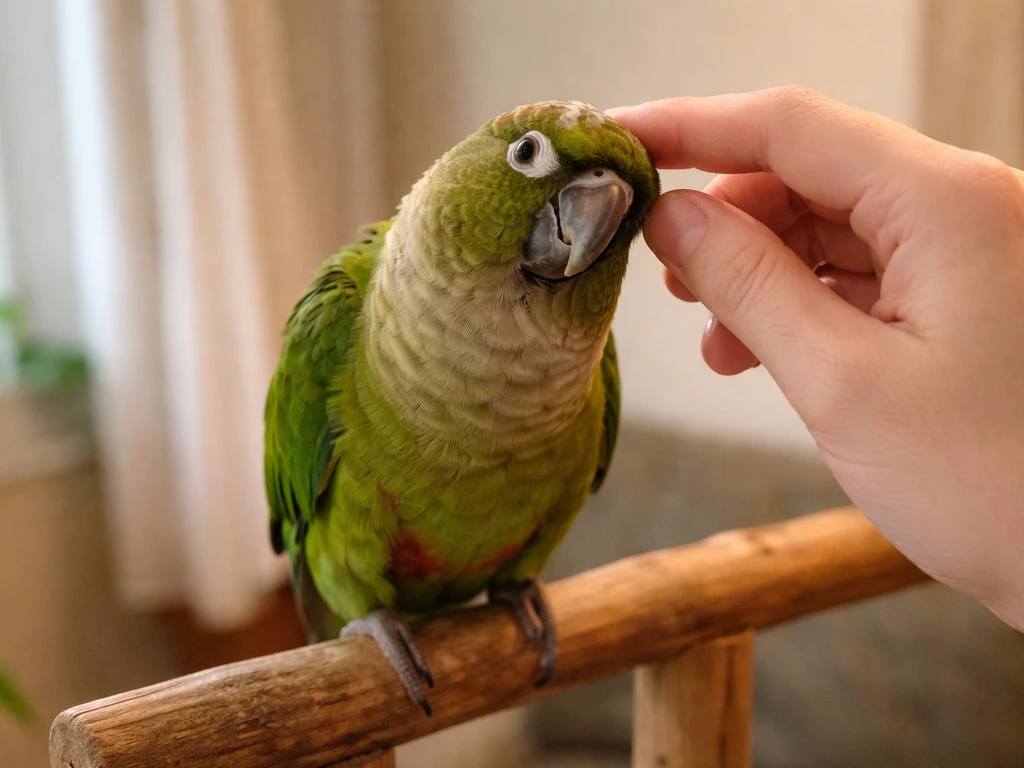 Green parrot on a perch being gently touched near its head in a warm home setting