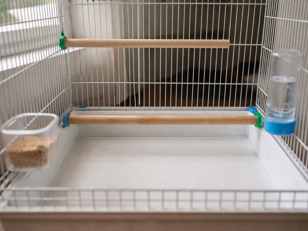 Close-up of a simple bird cage interior with all nest-like fabric items removed, soft perches visible