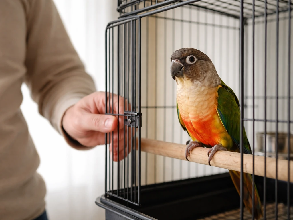 A calm parrot in its cage as a person gently turns away during a redirection moment.