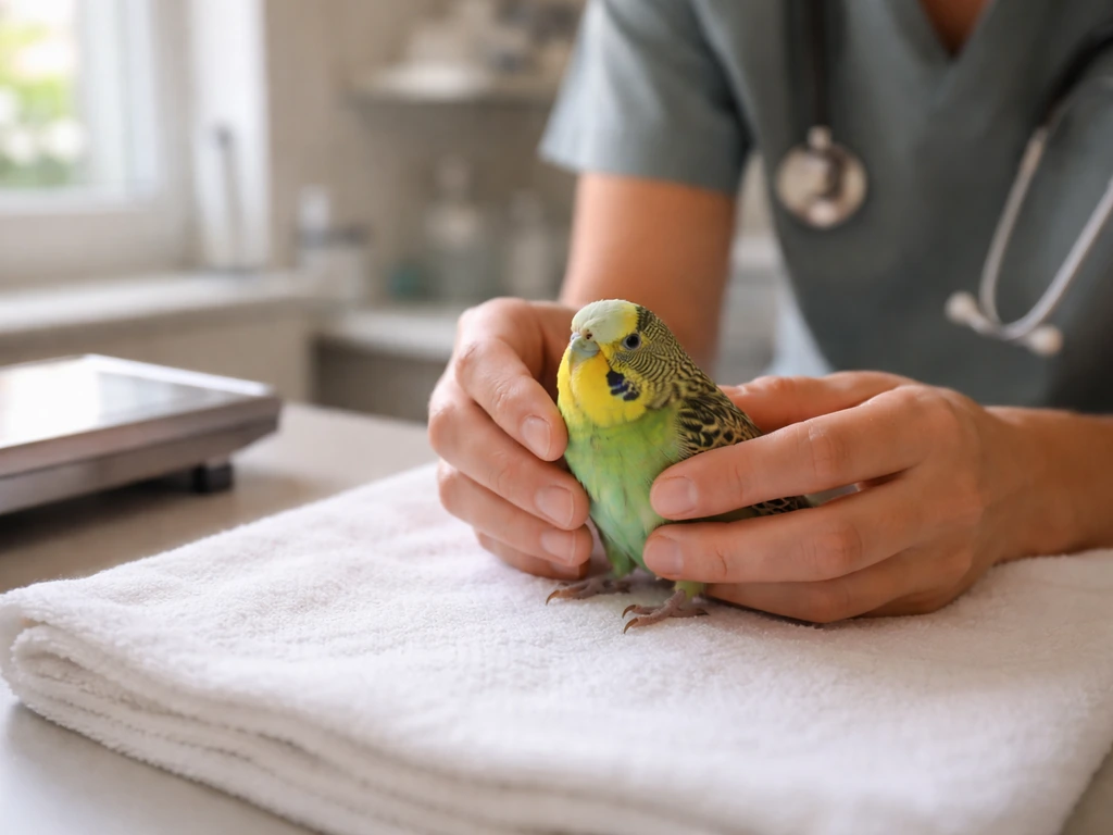 Avian vet’s hands examining a small pet bird on a towel in a clinic exam room.