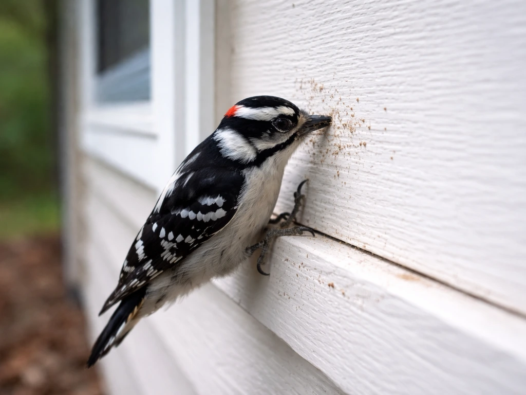 Small bird pecking at a house exterior near window trim, showing the damage risk