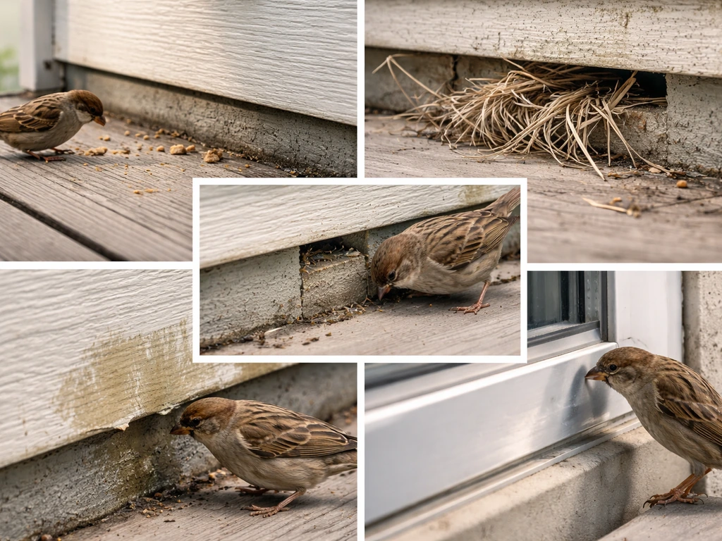 Minimal porch close-ups showing crumbs, nesting fibers, insects, moisture/paint flake, and reflective siding as pecking