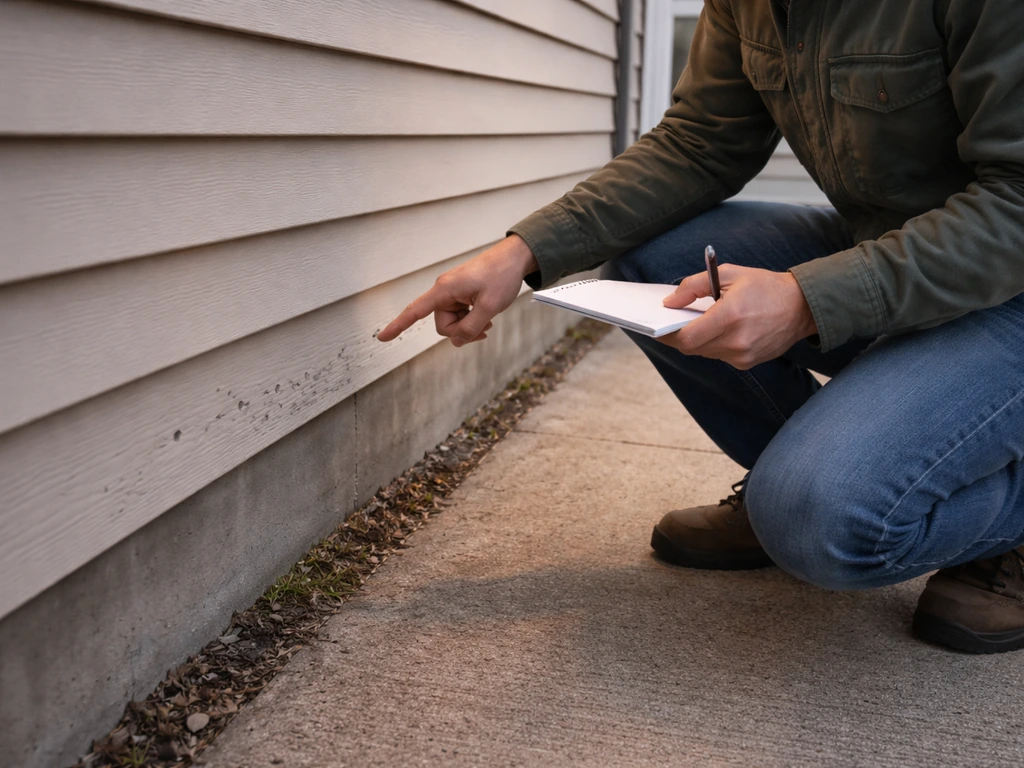 Homeowner kneeling to inspect pecking damage on siding near the ground at dusk, with notes in hand.