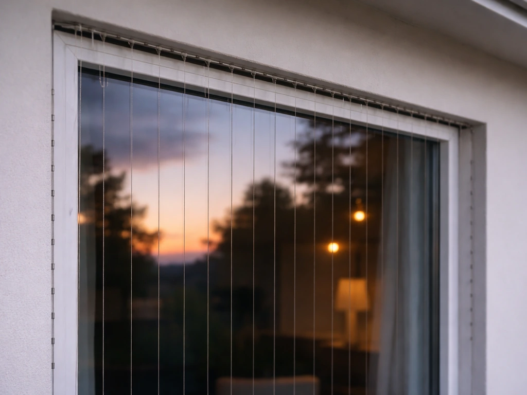 Window with thin bird-safe line strips along the top outside edge to break up reflections.