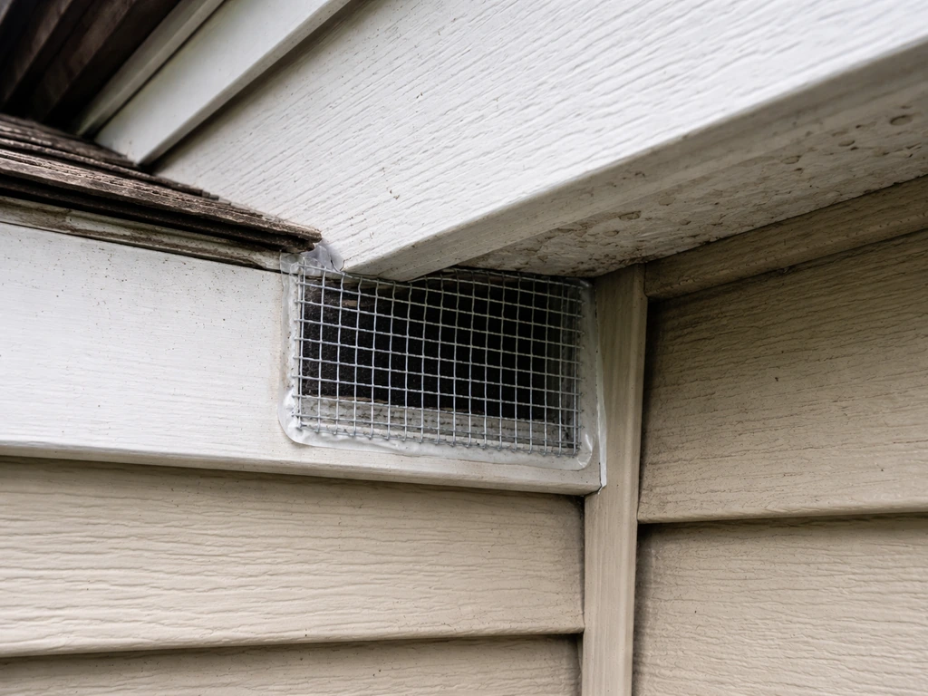 Close-up of hardware cloth and silicone caulk sealing a small gap under house eaves.