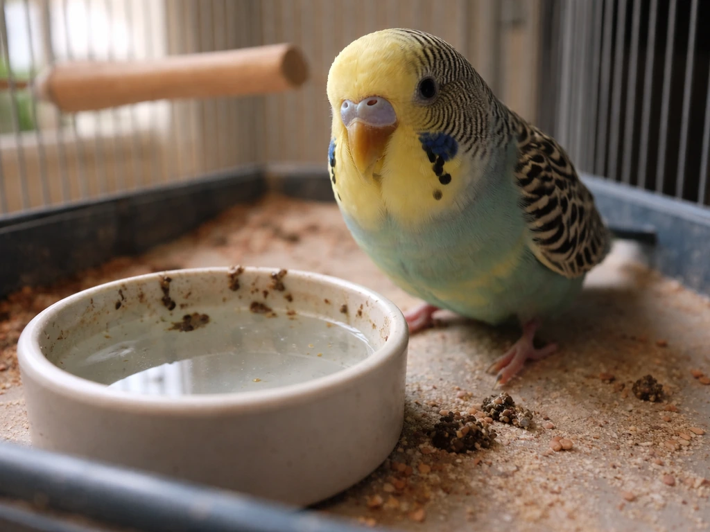 Close-up of a small pet bird by a water dish in its cage, with droppings visible near the bowl.