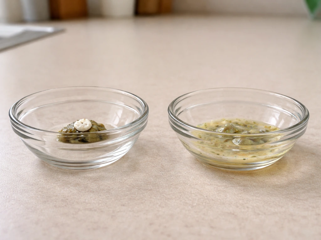 Side-by-side bowls showing formed normal droppings on the left and watery droppings on the right.