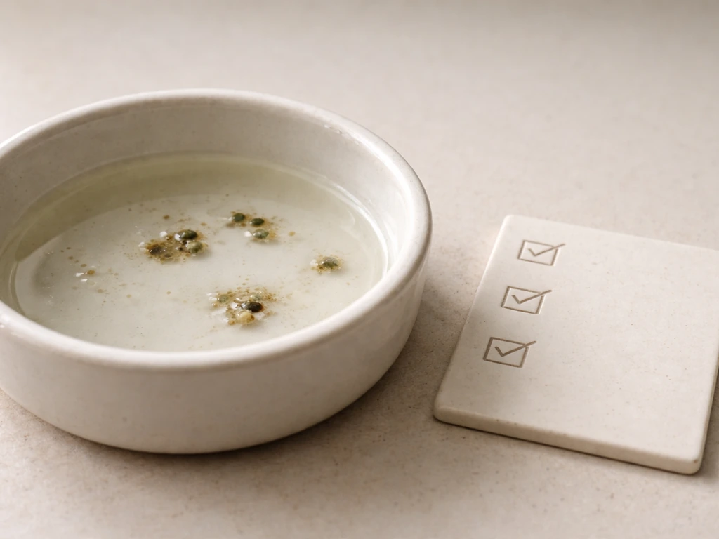 Close-up of a bird water bowl with visibly watery, unformed droppings and a blank checkmark cue.