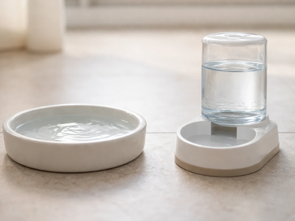 Close-up comparison of a wide shallow bird water dish versus a deeper narrow waterer to reduce contamination.