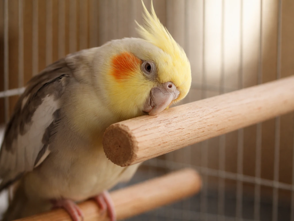 Small companion bird in its cage gently rubbing its face on a wooden perch.