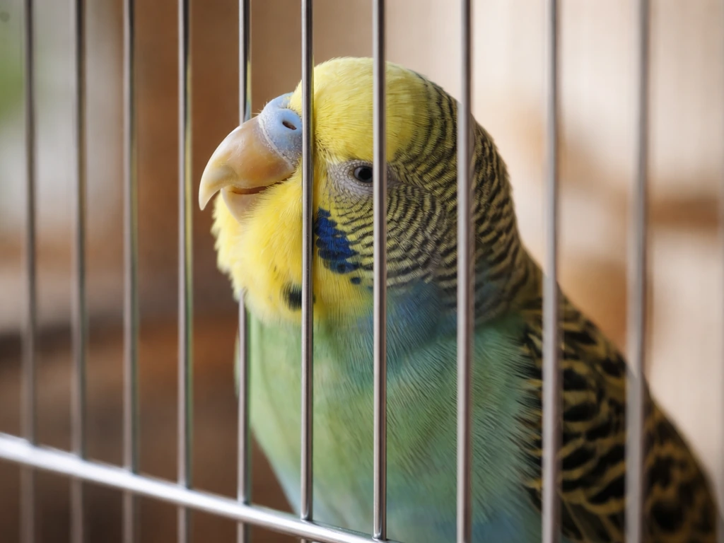 Small pet bird rubbing its beak and face against a cage bar while grooming.