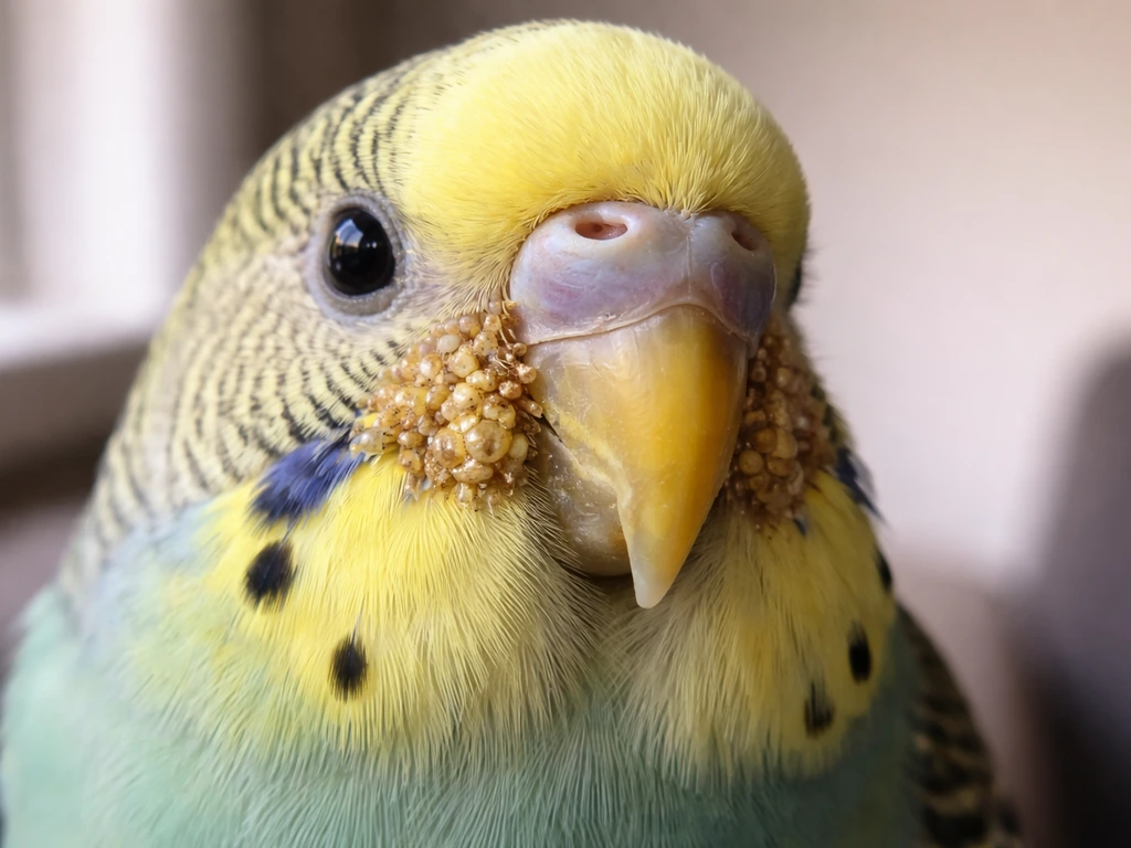 Budgie-like bird close-up showing honeycomb-crusty scaly lesions around the mouth and beak area.