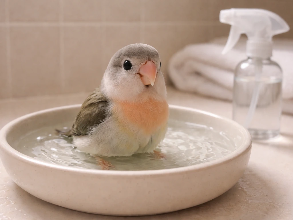 Small pet bird gently splashing in a shallow dish of lukewarm water indoors