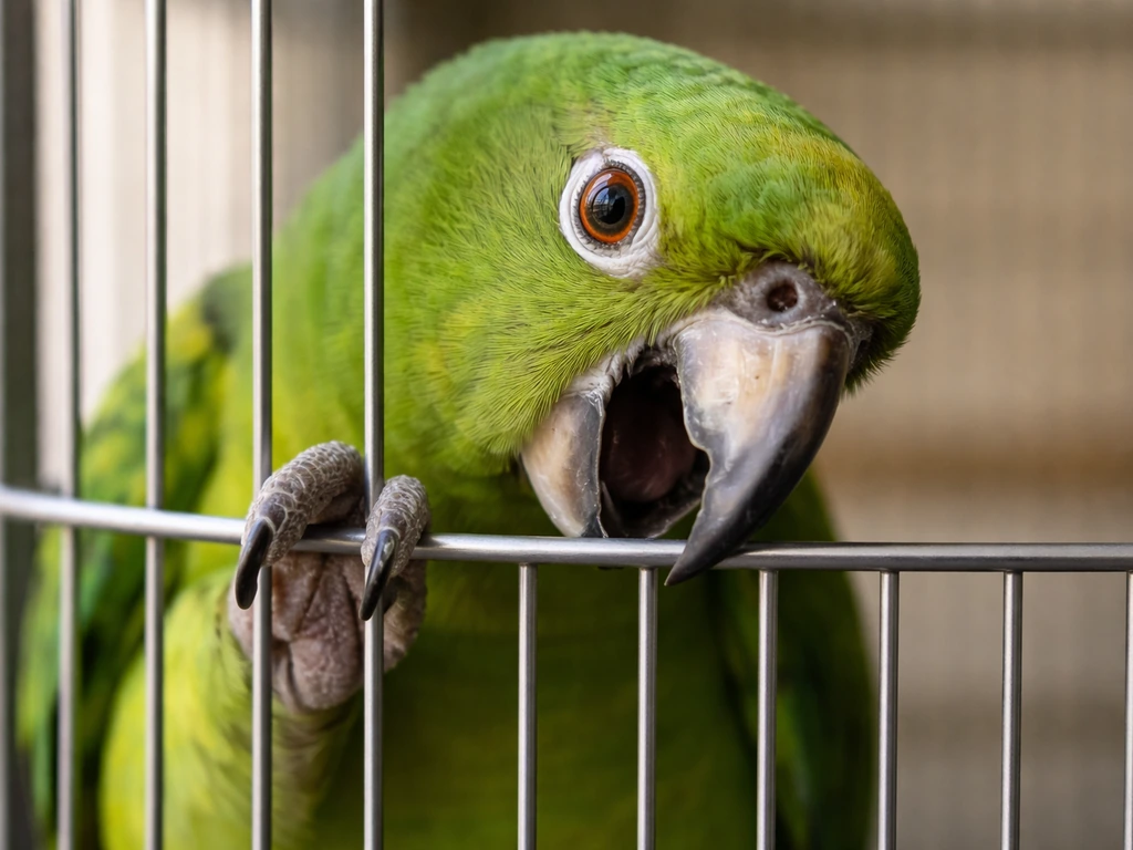 Green parrot biting metal cage bars inside a simple indoor cage