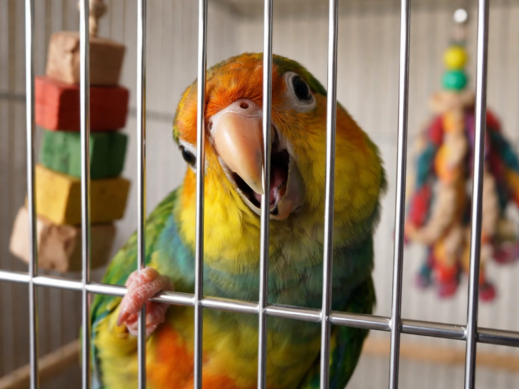 Close-up of a small parrot chewing cage bars beside hanging toys in soft natural light