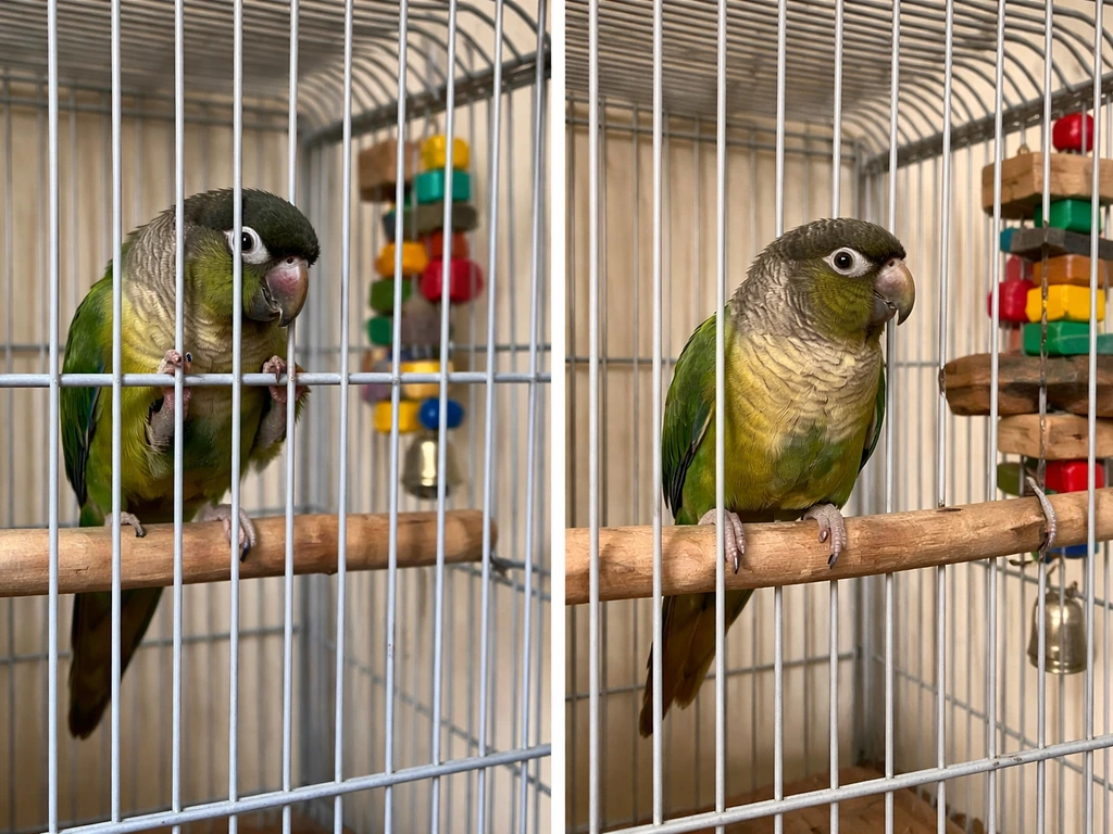 Two side-by-side photos: a small parrot pacing in an under-stimulated cage vs calmly perched with toys relaxed.