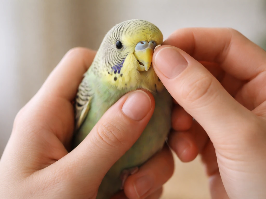 Gently held bird as hands inspect its beak for overgrowth or misalignment