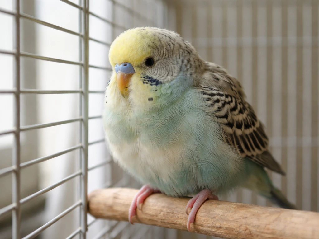 Small pet bird puffed up at cage bars with tail bobbing posture, suggesting possible respiratory or GI discomfort