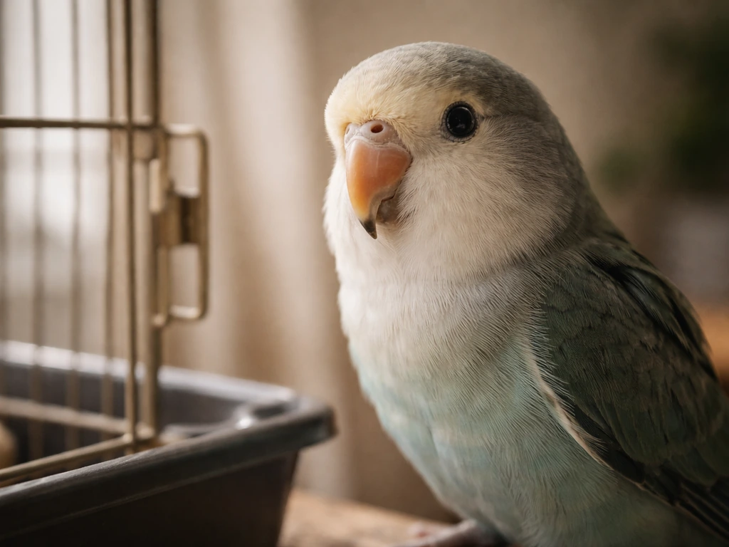Close-up of a calm pet bird perched beside its cage, beak and feather detail in natural light.