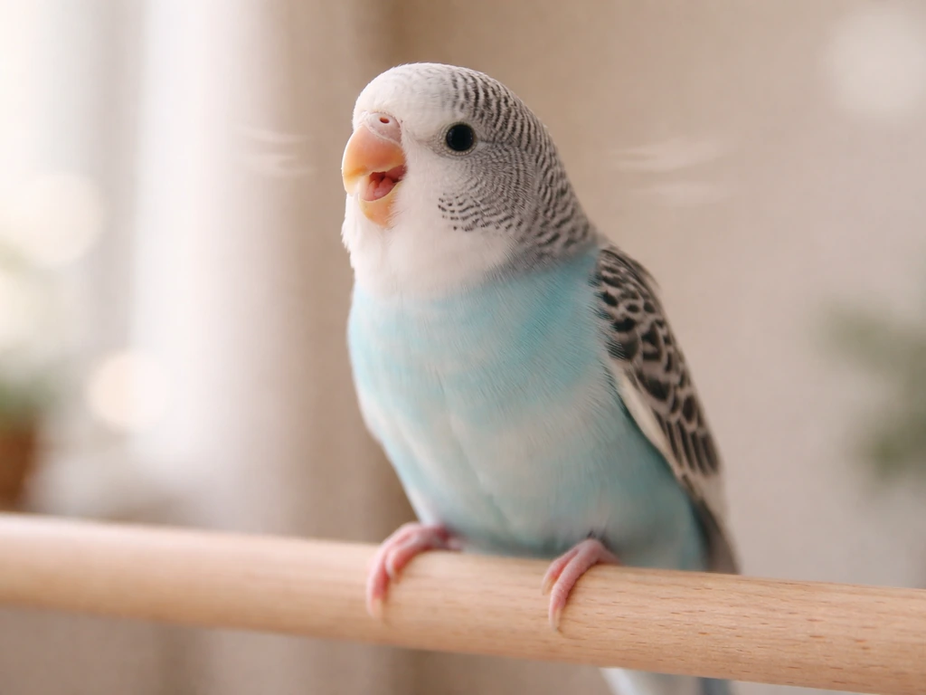 Small pet bird perched on a wooden dowel with beak slightly open, suggesting chirping in soft natural light.