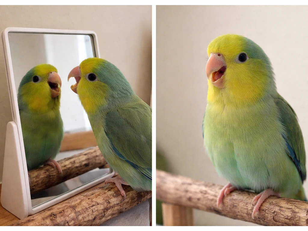 A small parrot gives contact calls to a mirror on one side and calmly calls from a perch on the other.