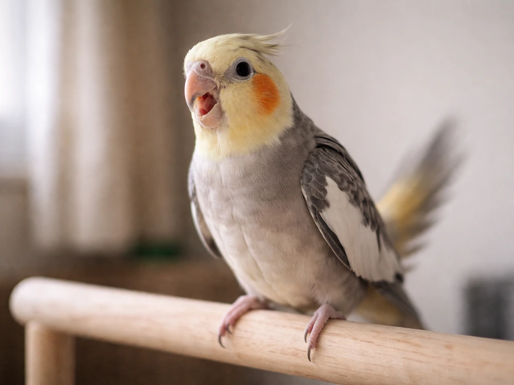 Close-up of a small pet bird with open-mouth breathing at rest and visible tail bobbing